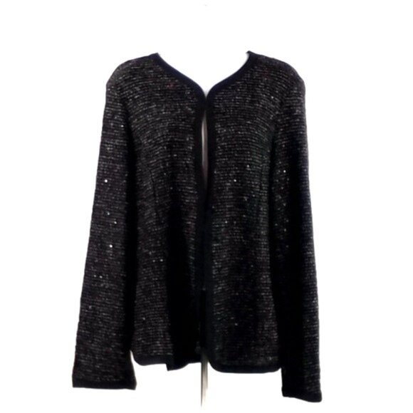 NY Collection Black Collarless Open Front Sequined Boucle Blazer Women Large NWT - Picture 2 of 9